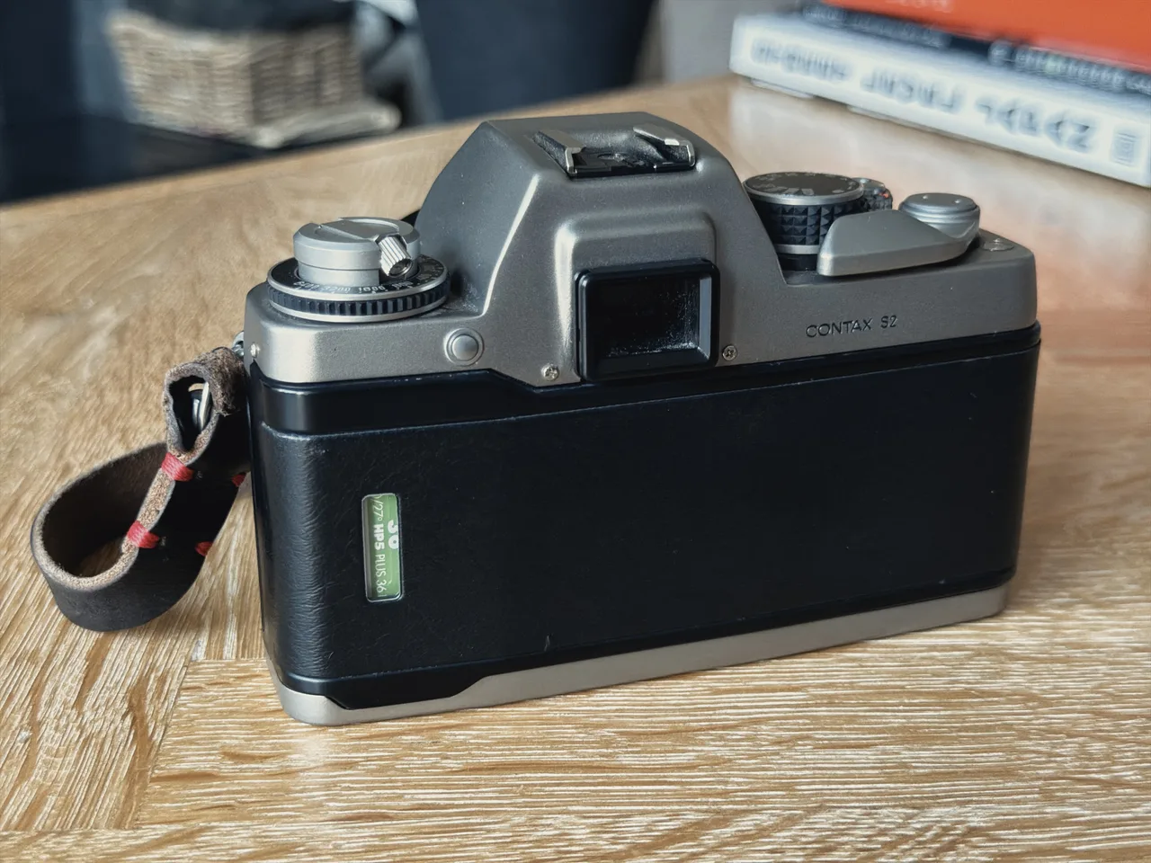 The back of the Contax S2, with the viewfinder eyepiece, film reminder window and titanium top plate