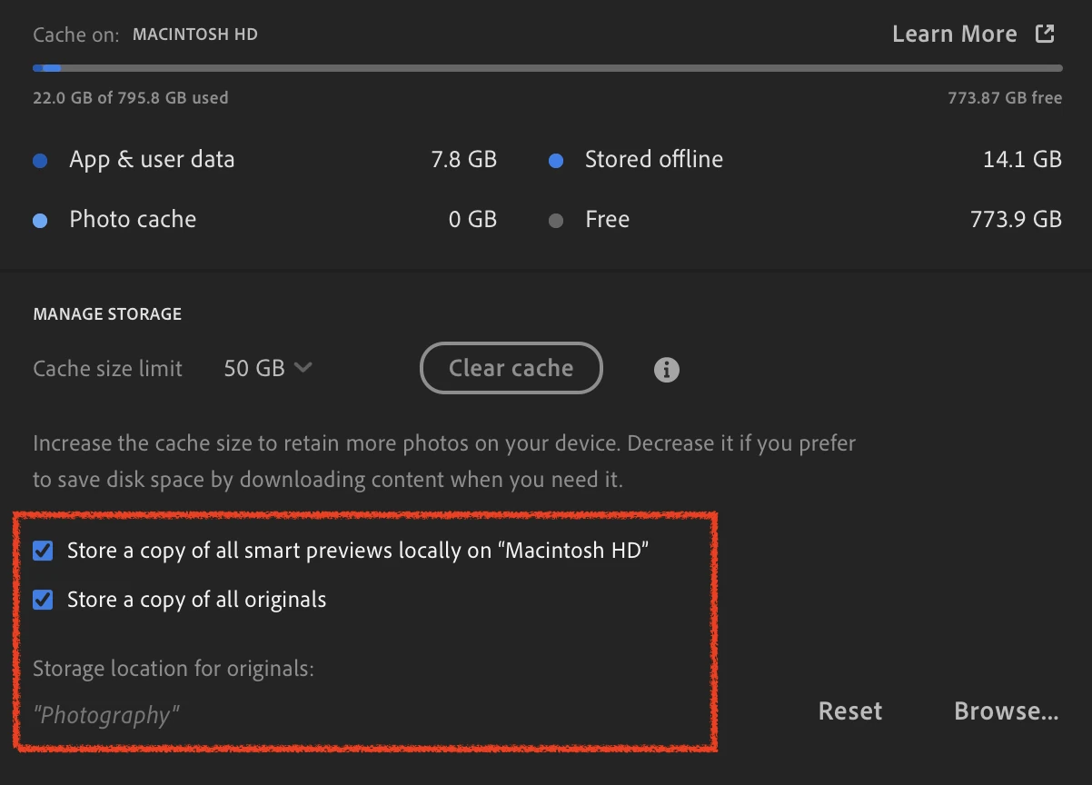 Setting up local storage in Lightroom