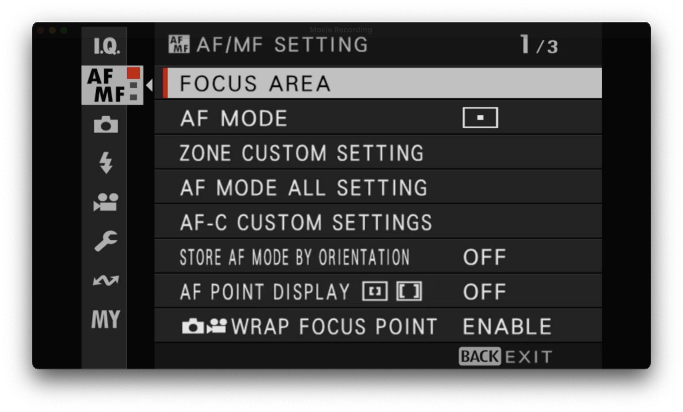 AF/MF menu 1