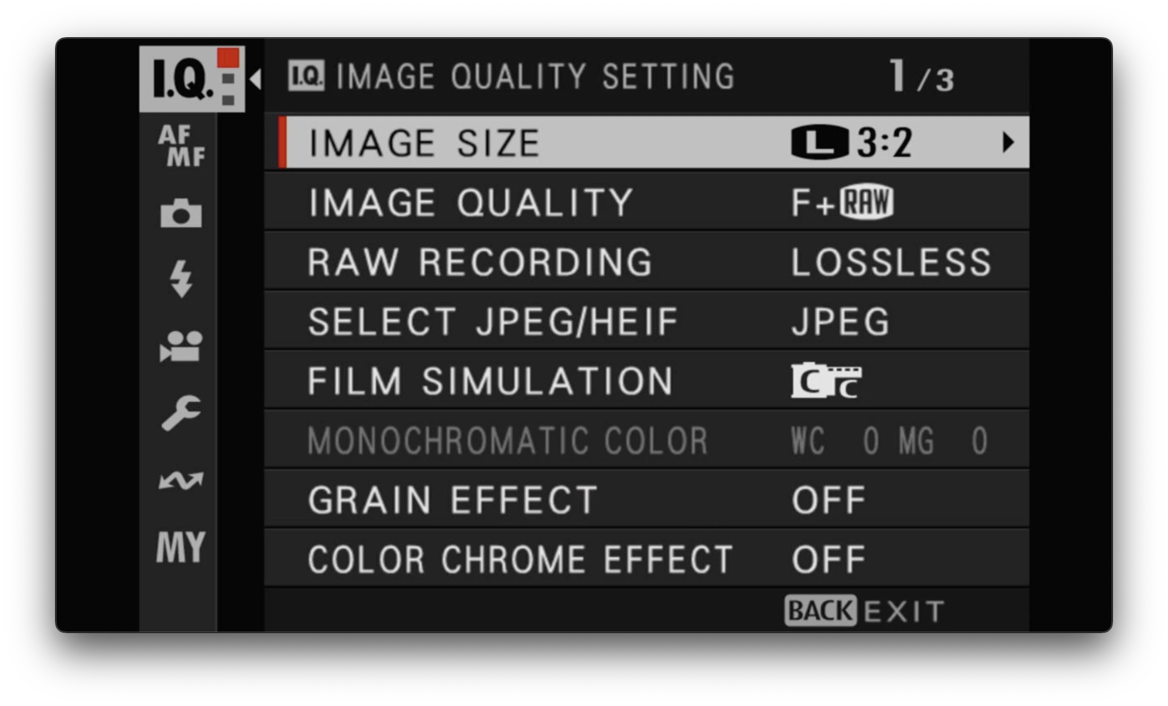 Image quality menu