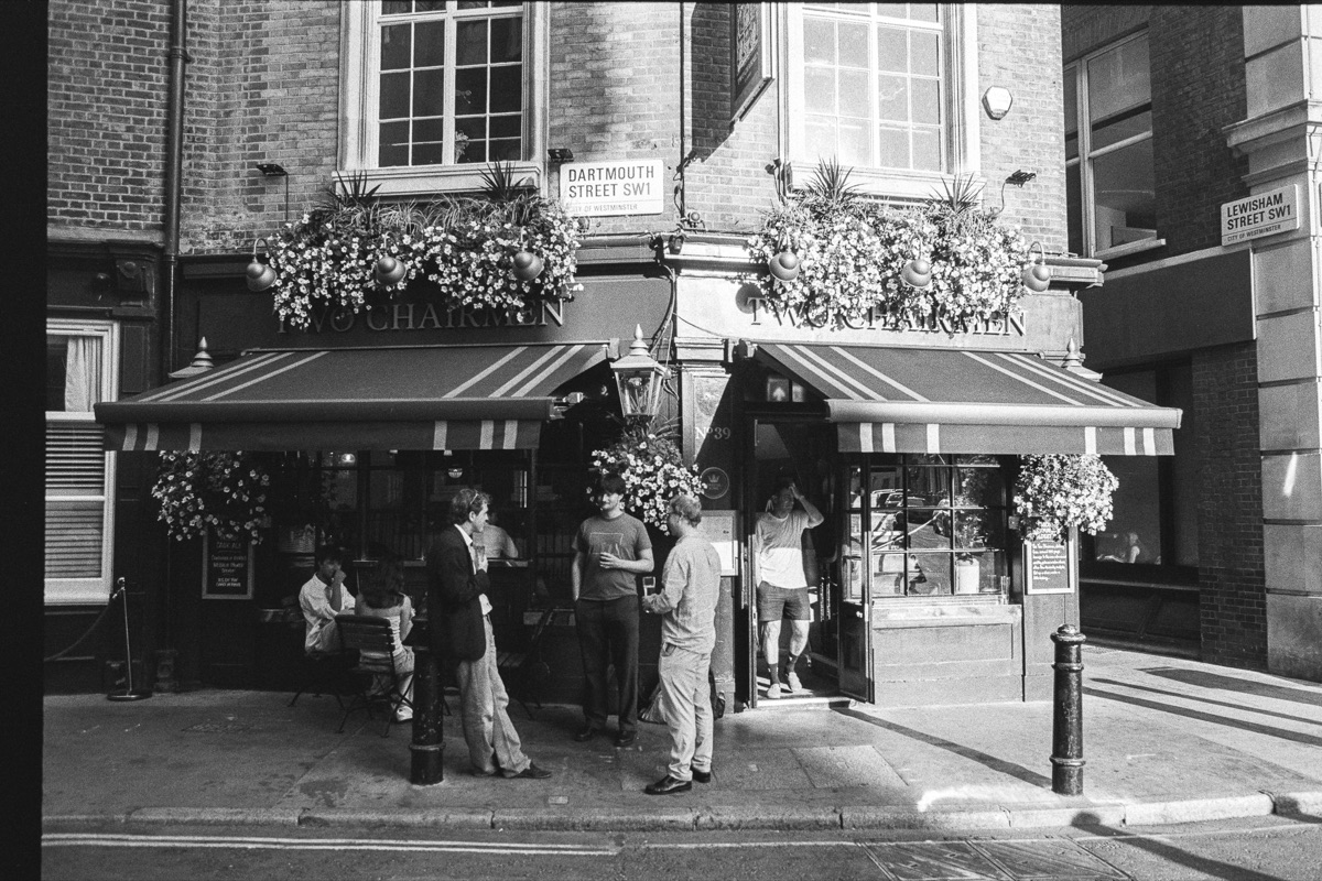 Pub corner with hanging flower baskets