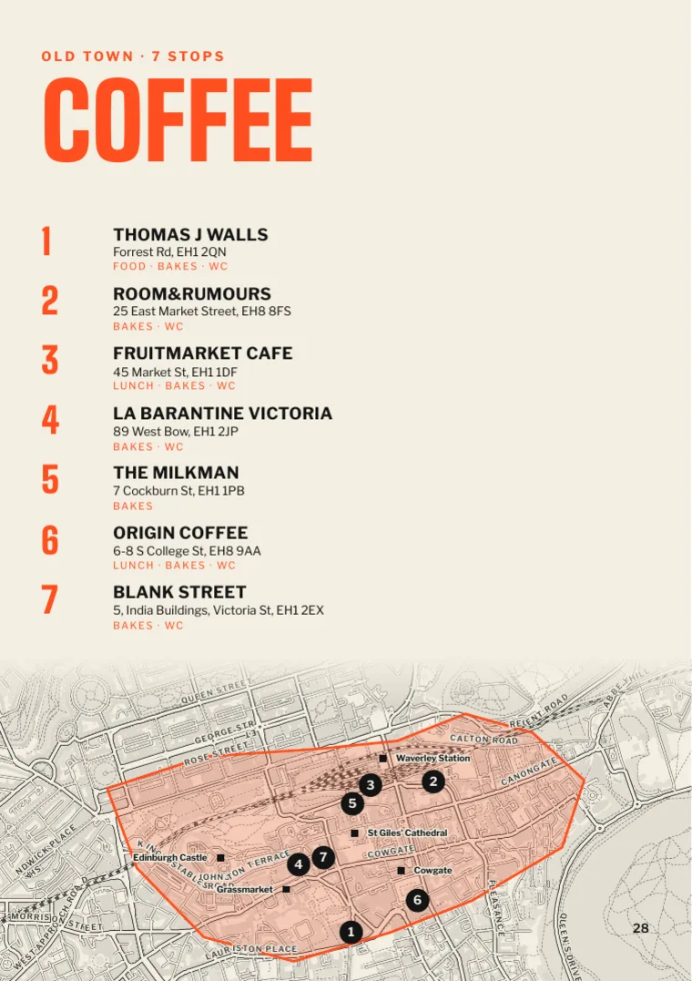 A coffee page with seven cafes pinned on a map